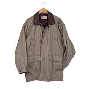 Vintage LL Bean Barn Jacket Mens L Tan Brown Leather Wool 80s 90s Chore Coat